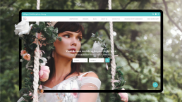 Bridalgram landing page where a bride on a floral swing gazes off camera